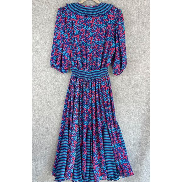 Vintage 80s Susan Freis Dress Womens Large Polka Dot Ruffle Smocked Pleated USA - Picture 11 of 16